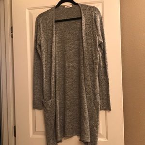Long gray cardigan.